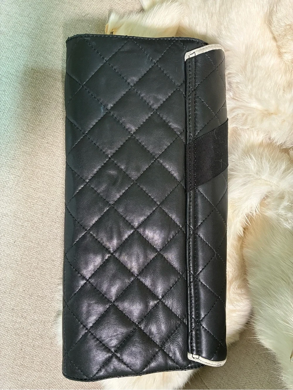 Black Quilted Leather Camellia Clutch with Ivory Trim and Gold CC